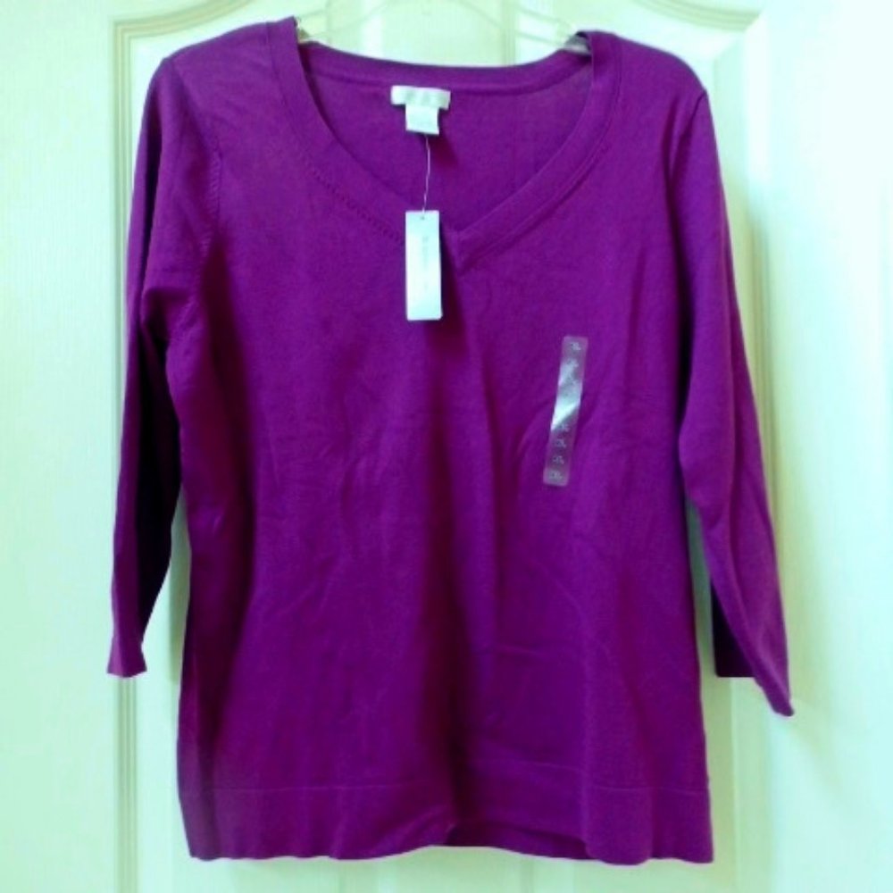 NWT: PLUM Worthington 3/4 sleeve v-neck pullover sweater- Size XL